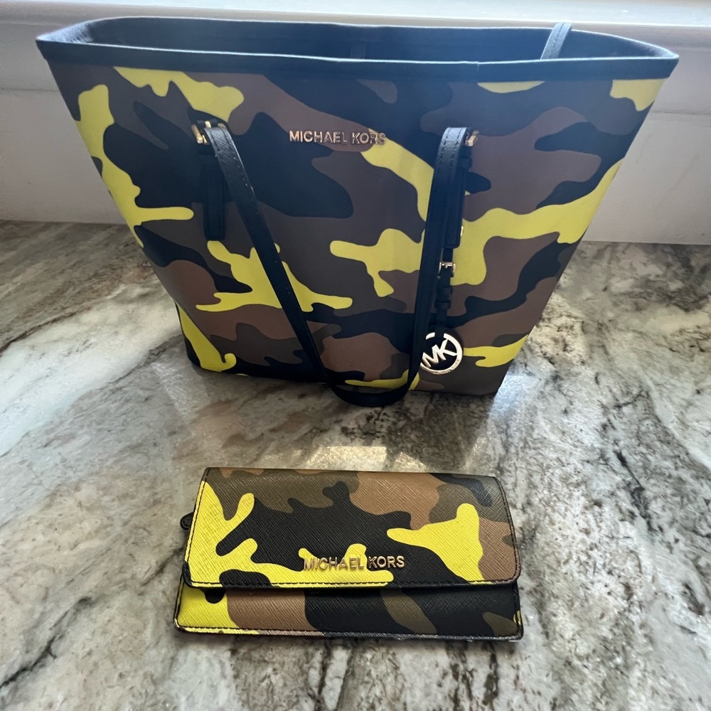 Michael Kors Yellow and Brown Camouflage Tote and Wallet